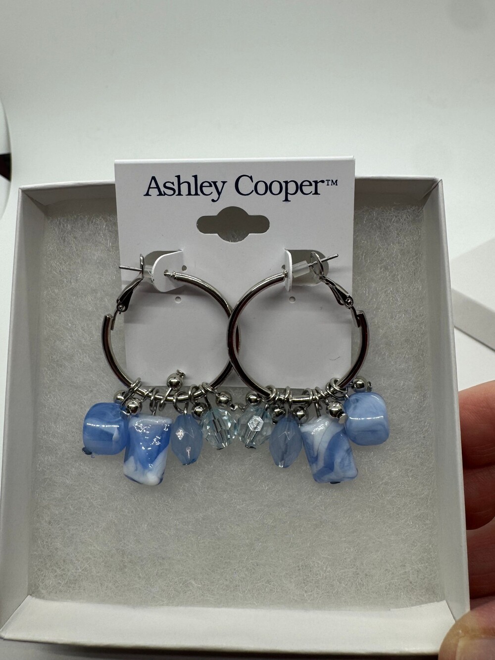 Ashley Cooper Silver Tone Hoop Earrings Blue Bead Dangle New